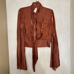 INA Copper Women's Cropped Blouse with Tie Neck and Back Buttons M